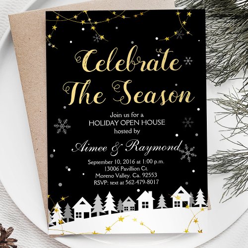 Gold Christmas Holiday open house invitation