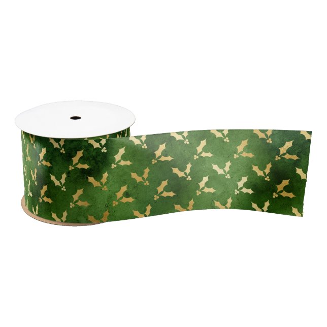 Gold Christmas Holly on Green Satin Ribbon (Spool)