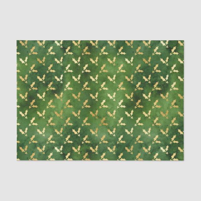 Gold Christmas Holly on Green Tissue Paper (Front)