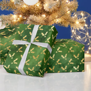 Gold Christmas Holly on Green Wrapping Paper