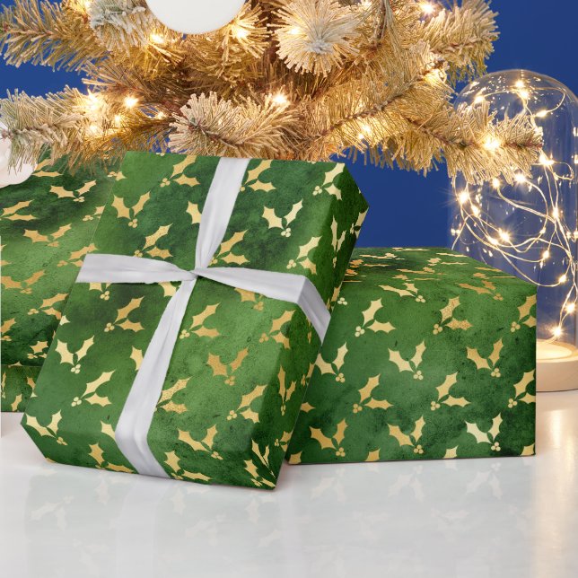 Gold Christmas Holly on Green Wrapping Paper (Holidays)