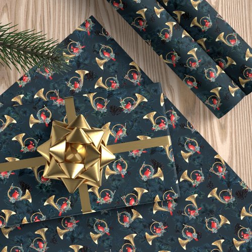 Gold Christmas Horns with Cardinals Dark Blue Wrapping Paper