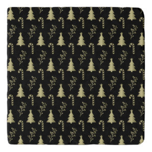 Gold Christmas Icons on Black Pattern Trivet