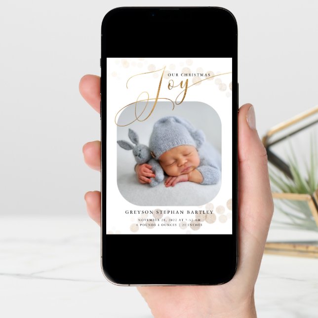 Gold Christmas Joy Baby Photo Birth Announcement (Front Digital)