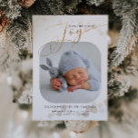 Gold Christmas Joy Baby Photo Birth Announcement<br><div class="desc">Elegant holiday birth announcement card featuring hand lettered typography that says "joy" in faux gold glitter. You can add your newborn baby's picture in the middle and the baby stats at the bottom. You can also add a second picture with a message on the back.</div>