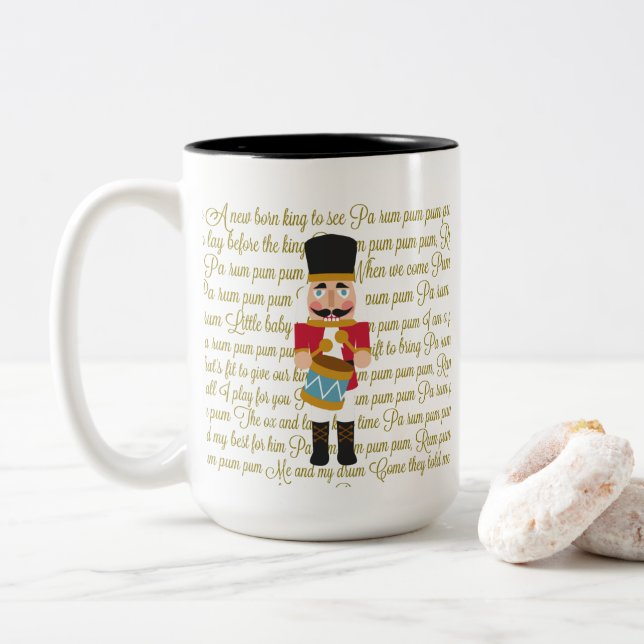 Gold Christmas Little Drummer Boy Two-Tone Coffee Mug (With Donut)