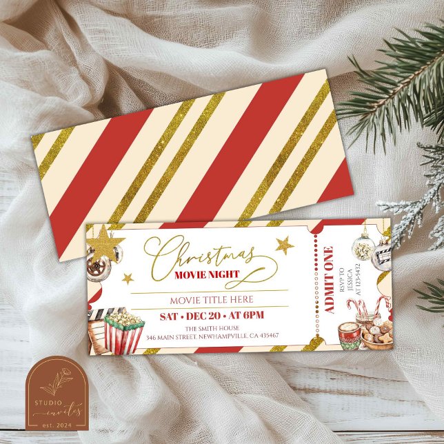 Gold Christmas Movie Night Ticket Invitation (Creator Uploaded)