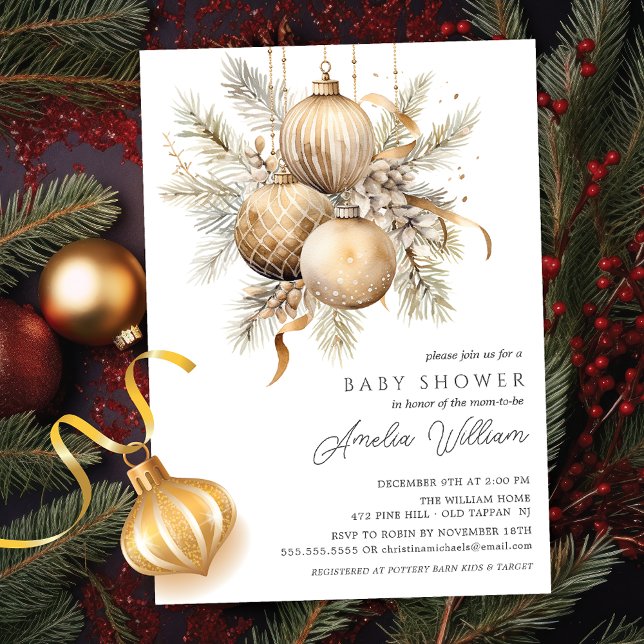 Gold Christmas Ornament Baby Shower Invitation (Creator Uploaded)