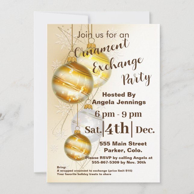 Gold Christmas Ornament Party Invitation Cards (Front)