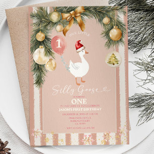 Gold Christmas Ornament Silly Goose 1st Birthday Invitation