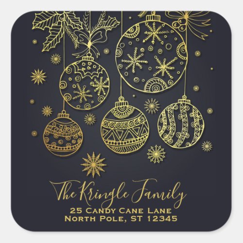 Gold Christmas Ornaments Family Return Address Square Sticker