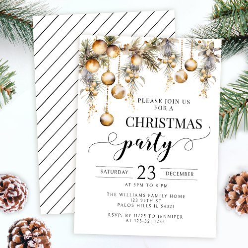 Gold Christmas ornaments party invitation