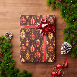 Gold Christmas Ornaments Pine Branches Wrapping Paper