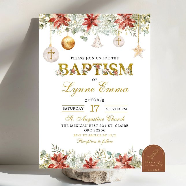 Gold Christmas Ornaments Water Baptism Invitation (Creator Uploaded)