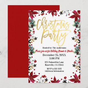 Gold Christmas Party Poinsettia Holiday Floral Invitation
