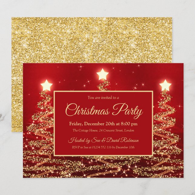 Gold Christmas Party Sparkle Glitter Trees Red Invitation (Front/Back)