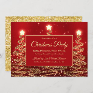 Gold Christmas Party Sparkle Glitter Trees Red Invitation