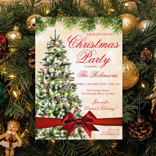 Gold Christmas Party Xmas Tree Lights & Ribbon Invitation