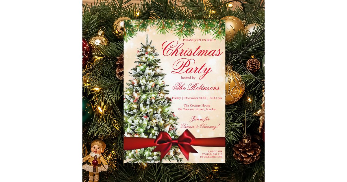 Gold Christmas Party | Xmas Tree Lights & Ribbon Invitation | Zazzle