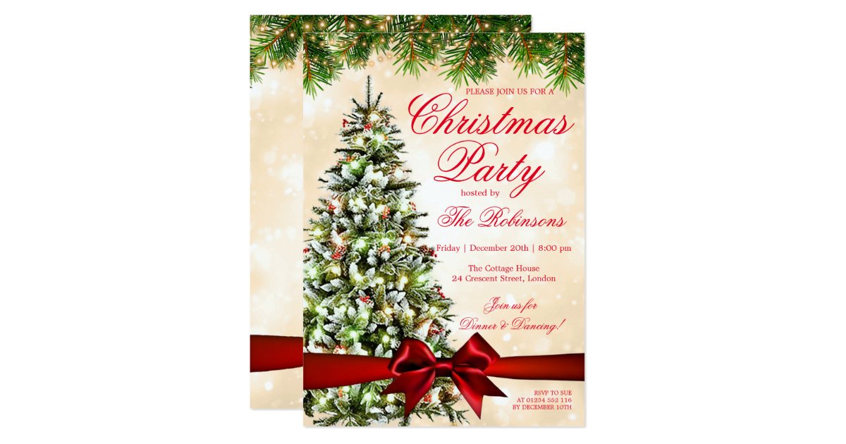 Gold Christmas Party Xmas Tree Lights Ribbon Invitation Zazzle Com