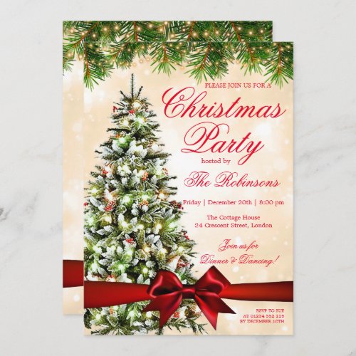 Gold Christmas Party  Xmas Tree Lights  Ribbon Invitation