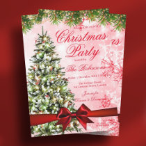 Gold Christmas Party Xmas Tree Lights & Ribbon Red Invitation