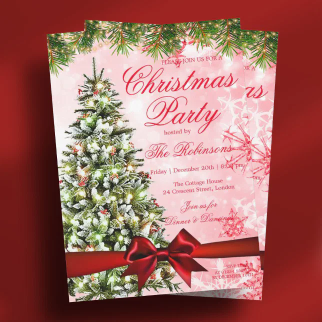 Gold Christmas Party Xmas Tree Lights & Ribbon Red Invitation | Zazzle