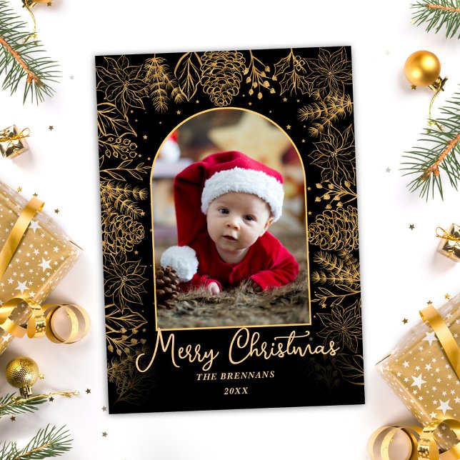 Gold Christmas Photo Elegant Festive Script Holiday Card (Gold Christmas Photo Elegant Festive Script Holiday Card)
