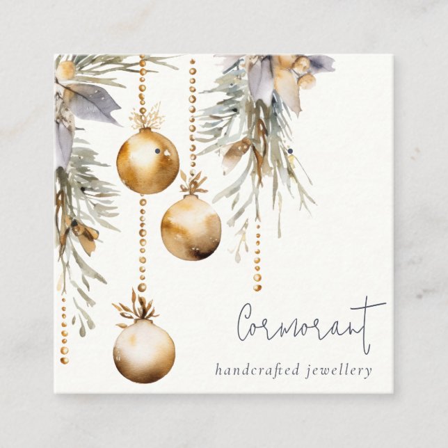 Gold Christmas Pine Ornaments Earring Stud Holder Square Business Card (Front)