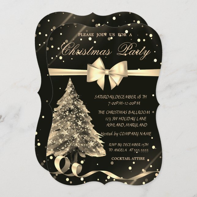 Gold Christmas Pine Tree ,Bow, Christmas Party Invitation (Front/Back)