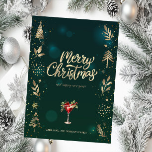 Gold Christmas Pine Tree,Branches Cocktail Green Holiday Card