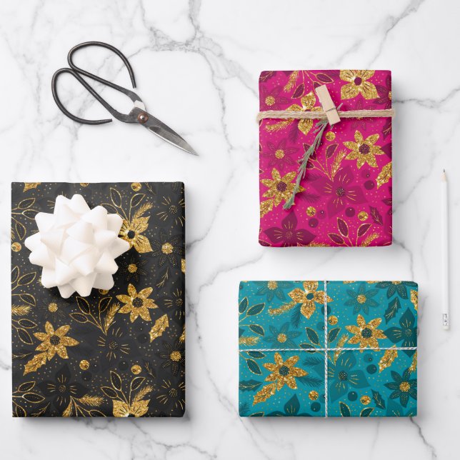 Gold Christmas Poinsettia Flowers Wrapping Paper Sheets (Front)