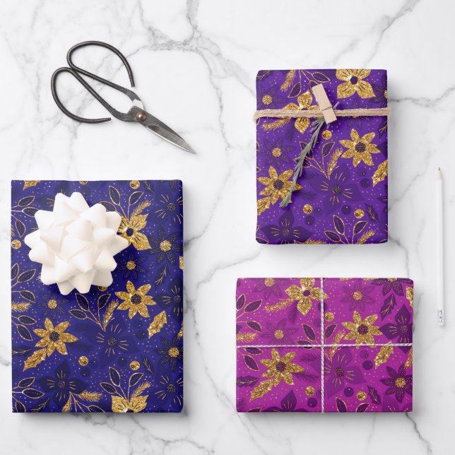 Gold Christmas Poinsettia Flowers Wrapping Paper Sheets (Front)