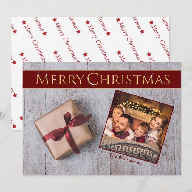 Gold Christmas Present on Snowy Deck Photo Holiday Card (Front/Back)