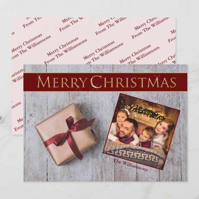 Gold Christmas Present on Snowy Deck Photo Holiday Card (Front/Back)