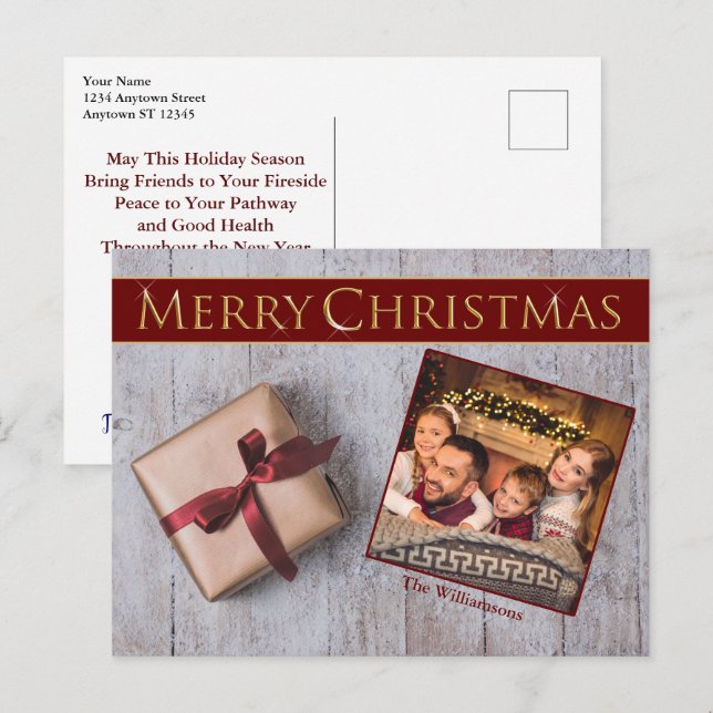 Gold Christmas Present on Snowy Deck Photo Postcard (Front/Back)