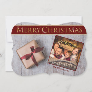 Gold Christmas Present Snowy Deck Fancy Cut Photo Holiday Card