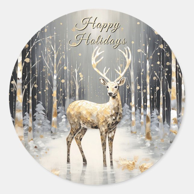 Gold Christmas Reindeer Holiday Classic Round Sticker (Front)