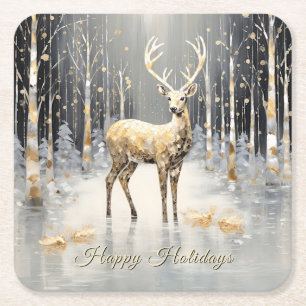 Gold Christmas Reindeer Holiday Paper Coaster