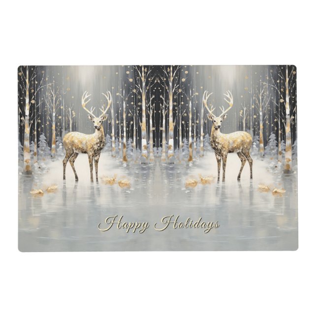 Gold Christmas Reindeer Holiday Paper Placemat (Back)