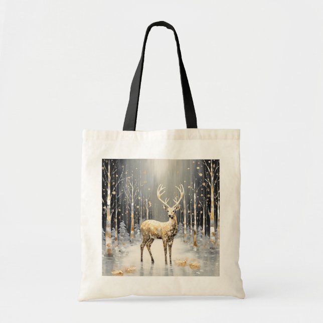 Gold Christmas Reindeer Holiday Tote Bag (Front)