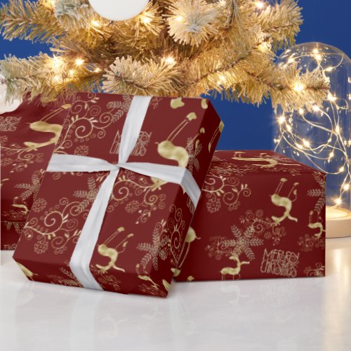 Gold Christmas Reindeer on Dark Red Wrapping Paper