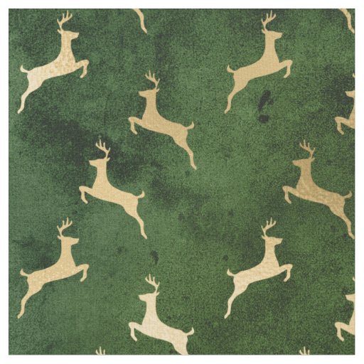 Gold Christmas Reindeer on Green Fabric