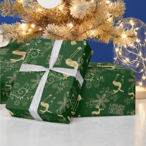 Gold Christmas Reindeer on Green Wrapping Paper