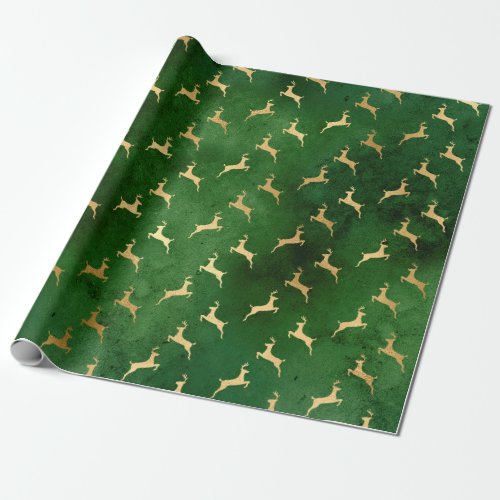 Gold Christmas Reindeer on Green Wrapping Paper