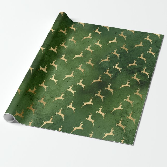 Gold Christmas Reindeer on Green Wrapping Paper (Unrolled)