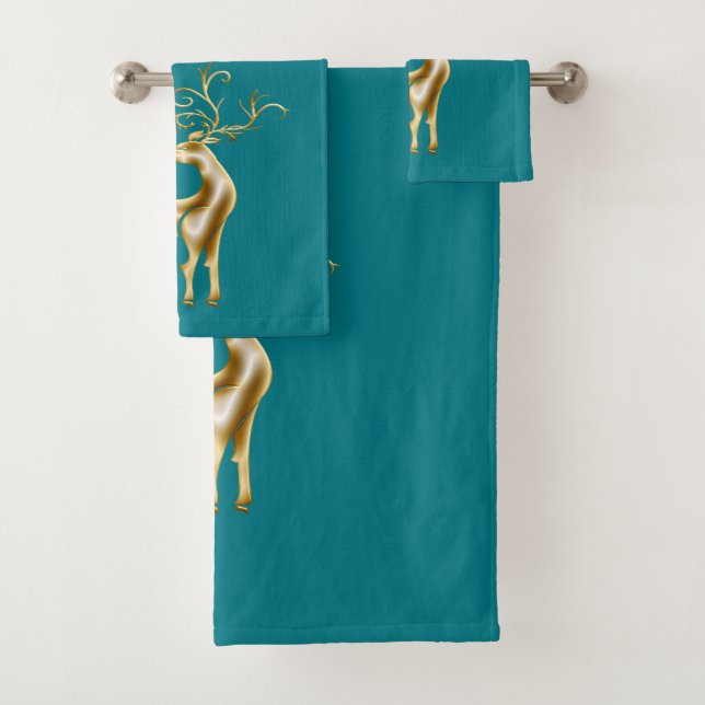 Gold Christmas Reindeer On Teal Blue Bath Towel Set (Insitu)