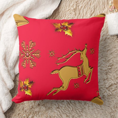 Gold Christmas Reindeer Throw Pillow