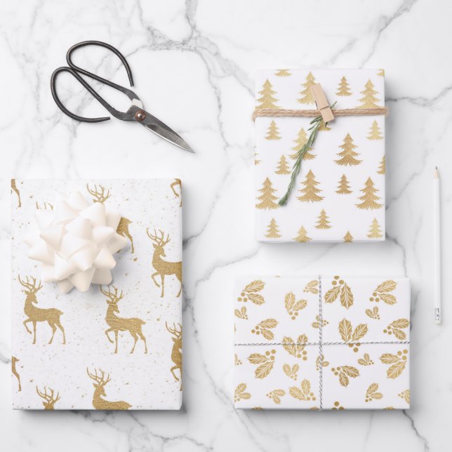 Gold Christmas Reindeer Trees Pattern Wrapping Paper Sheets (Front)
