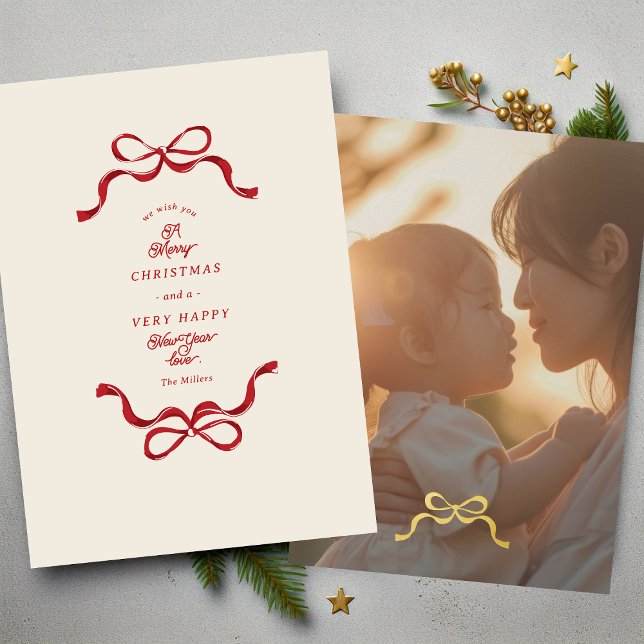 gold christmas retro bow photo foil holiday card (Creator Uploaded)